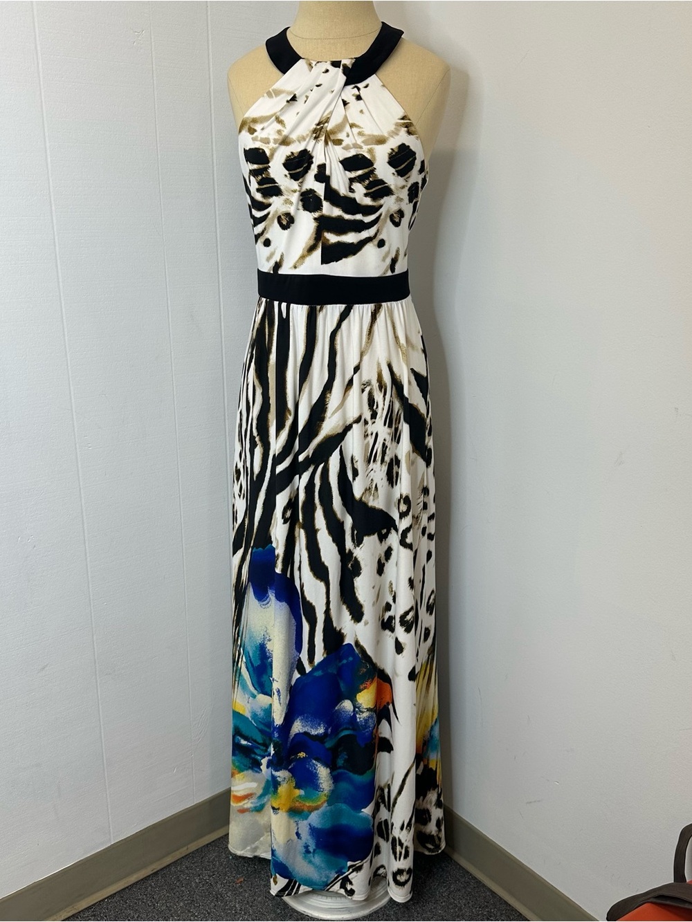 Bisou Bisou Size 4 Black & White Halter Maxi with Blue Floral Accent